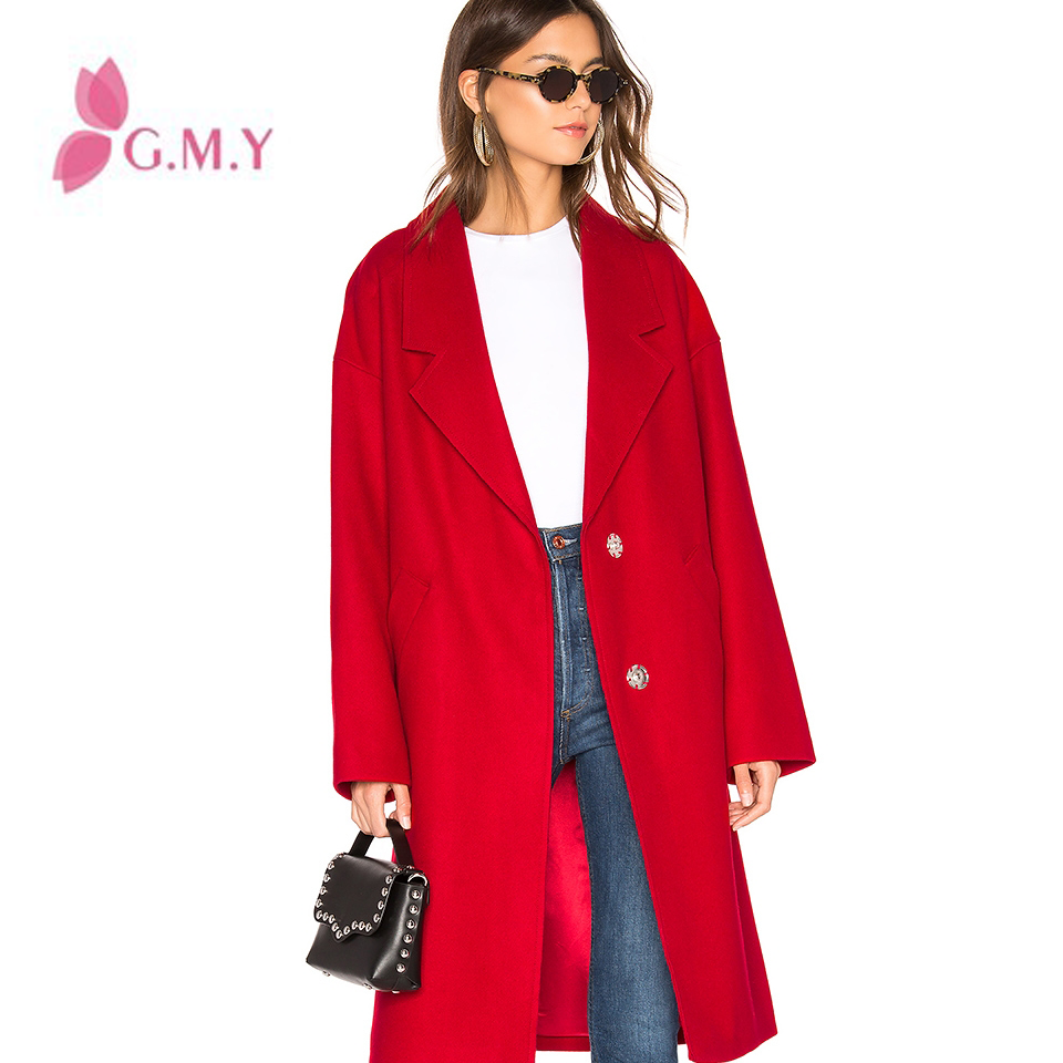 2019 Winter Fashion Red Brushed Melton Fabric Front Snap Button Closure Front Welt Pocket Long Wool Coat